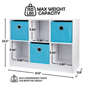 SUPER DEAL 6 Cube Storage Shelf Organizer, 3 x 2 Wood Bookcase with 3 Bins Wide Display Bookshelf System Toy Storage Cabinet for Kids Bedroom Living Room, White/Light Blue