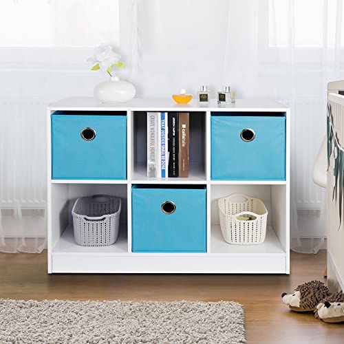 SUPER DEAL 6 Cube Storage Shelf Organizer, 3 x 2 Wood Bookcase with 3 Bins Wide Display Bookshelf System Toy Storage Cabinet for Kids Bedroom Living Room, White/Light Blue