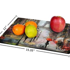 Tempered Glass Cutting Board oil painting on canvas street view of Paris Artwork eiffel tower Tableware Kitchen Decorative Cutting Board with Non-slip Legs, Serving Board, Large Size, 15" x 11"