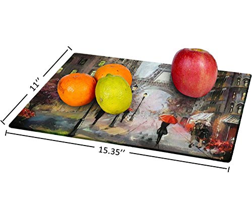 Tempered Glass Cutting Board oil painting on canvas street view of Paris Artwork eiffel tower Tableware Kitchen Decorative Cutting Board with Non-slip Legs, Serving Board, Large Size, 15" x 11"