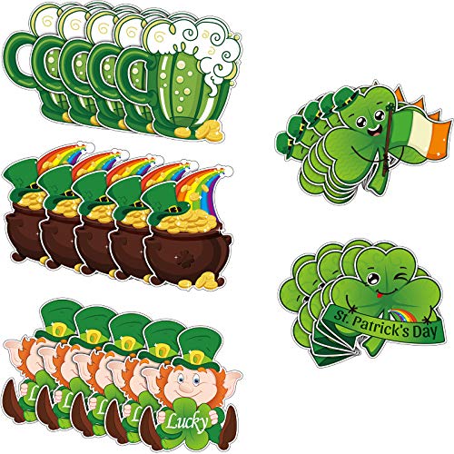 40 Pieces St Patricks Decorations, Shamrock Cutouts Leprechaun Beer Gold Coins Lucky Irish Saint Patrick Ornaments with 40 Pieces Glue Point Dots for Bulletin Board Classroom Supplies Favors