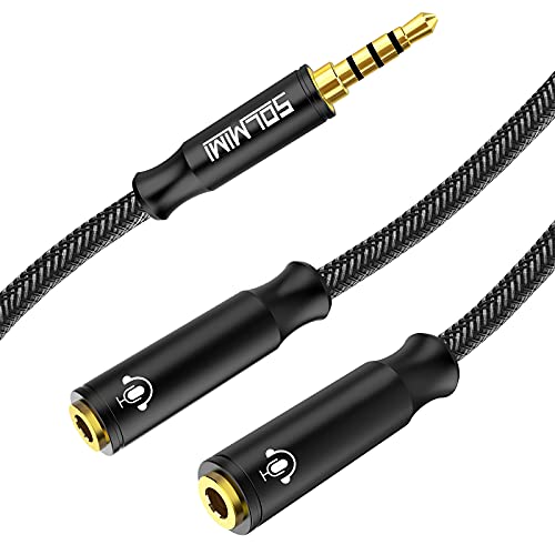 SOLMIMI Headphone Splitter 3.5mm TRRS Stereo Audio Y Splitter Braided 4-Pole Male to 2-Female Dual Headphone Jack Splitter Adapter for Headset PC Smartphone Xbox PS4 & More - Matte Black(1ft-30cm)