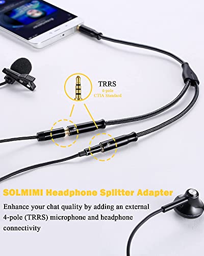 SOLMIMI Headphone Splitter 3.5mm TRRS Stereo Audio Y Splitter Braided 4-Pole Male to 2-Female Dual Headphone Jack Splitter Adapter for Headset PC Smartphone Xbox PS4 & More - Matte Black(1ft-30cm)