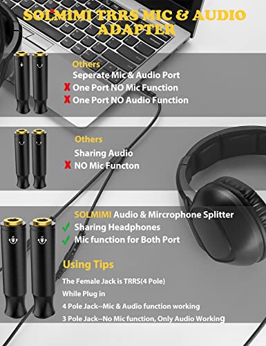 SOLMIMI Headphone Splitter 3.5mm TRRS Stereo Audio Y Splitter Braided 4-Pole Male to 2-Female Dual Headphone Jack Splitter Adapter for Headset PC Smartphone Xbox PS4 & More - Matte Black(1ft-30cm)