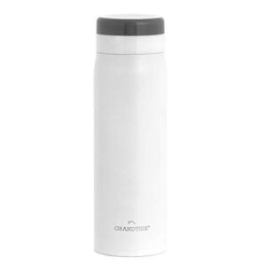 grandties lightweight travel water bottle with strainer- 20oz vacuum insulated water bottles for men & women, double walled metal canteen, keep your favorite beverages hot or cold (white)