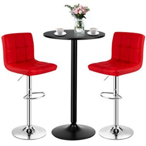 costway 3-piece bar table set, round cocktail table and pu leather adjustable swivel chairs, modern counter height table set with 2 bar stool for kitchen, office (red)