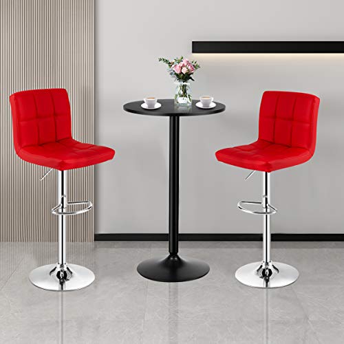 COSTWAY 3-Piece Bar Table Set, Round Cocktail Table and PU Leather Adjustable Swivel Chairs, Modern Counter Height Table Set with 2 Bar Stool for Kitchen, Office (Red)