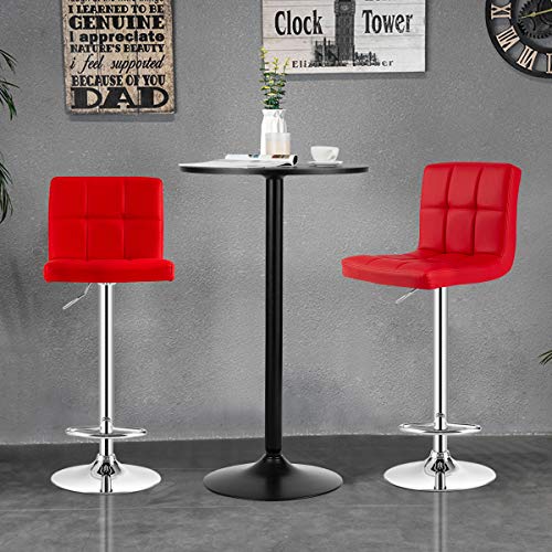 COSTWAY 3-Piece Bar Table Set, Round Cocktail Table and PU Leather Adjustable Swivel Chairs, Modern Counter Height Table Set with 2 Bar Stool for Kitchen, Office (Red)