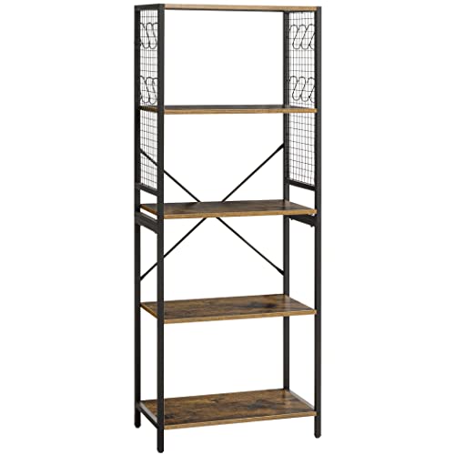 LAVIEVERT Industrial Bookshelf, 5-Tier Vintage Bookcase with Metal Grid and 12 S-Shaped Hooks, Multipurpose Storage Shelf Display Rack for Living Room, Bedroom, Kitchen & Office - Rustic Brown