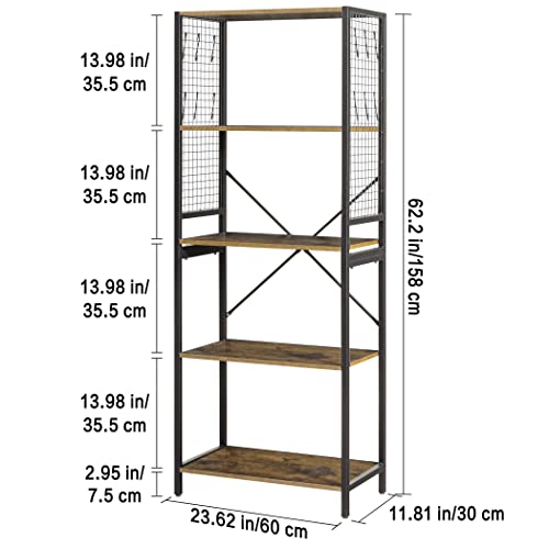 LAVIEVERT Industrial Bookshelf, 5-Tier Vintage Bookcase with Metal Grid and 12 S-Shaped Hooks, Multipurpose Storage Shelf Display Rack for Living Room, Bedroom, Kitchen & Office - Rustic Brown