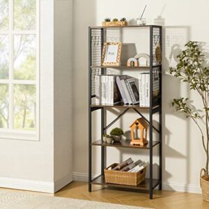 LAVIEVERT Industrial Bookshelf, 5-Tier Vintage Bookcase with Metal Grid and 12 S-Shaped Hooks, Multipurpose Storage Shelf Display Rack for Living Room, Bedroom, Kitchen & Office - Rustic Brown