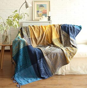 ujoyen bohemian throw blankets colorful chenille jacquard tassels boho hippie decorative for bed couch sofa soft chair recliner loveseat furniture cover blue yellow-m