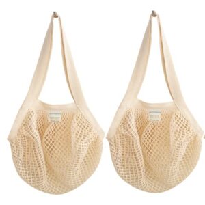 whitewrap cotton mesh string reusable bag long handle net tote bag| 13"x14" | 2-pack | natural | reusable grocery bags, vegetable bag, shopping bag, hand bag