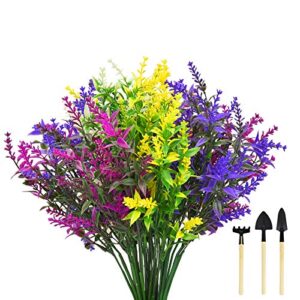 shiny flower artificial lavender flowers bouquet, 8 bundles outdoor fake shrubs uv resistant lifelike greenery bushes for home kitchen garden wedding outdoor indoor porch box decorations (mix)