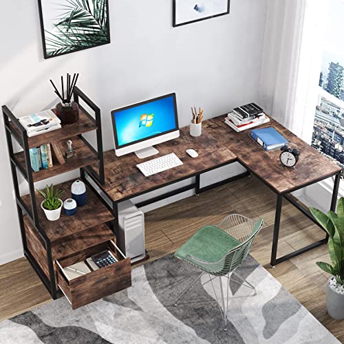 Tribesigns L-Shaped Desk with File Drawer, Reversible Corner Computer Desk with 3-Tier Storage Shelves, 85.4 inches Office Desk Computer Table Workstation for Home Office