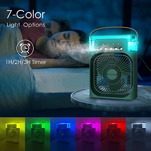 NTMY Personal Air Cooler, Portable Air Conditioner Fan, Mini Evaporative Cooler with 7 Colors LED Light, 1/2/3 H Timer, 3 Wind Speeds and 3 Spray Modes for Your Desk, Nightstand, or Coffee Table