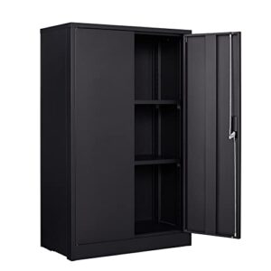 GREATMEET Metal Storage Cabinet with Locking Doors, Metal Cabinet with 2 Adjustable Shelves, Office Garage Steel Storage Cabinet with Door and Shelf(3 Shelves, Black)