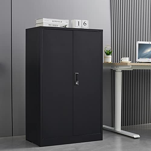 GREATMEET Metal Storage Cabinet with Locking Doors, Metal Cabinet with 2 Adjustable Shelves, Office Garage Steel Storage Cabinet with Door and Shelf(3 Shelves, Black)