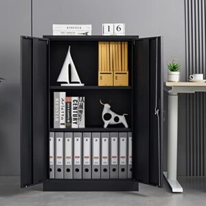 GREATMEET Metal Storage Cabinet with Locking Doors, Metal Cabinet with 2 Adjustable Shelves, Office Garage Steel Storage Cabinet with Door and Shelf(3 Shelves, Black)