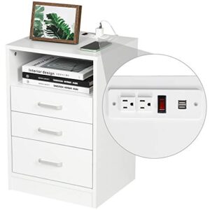 adorneve nightstand 3 drawers with open storage,side tables bedroom with charging station,bedside table with drawers,white