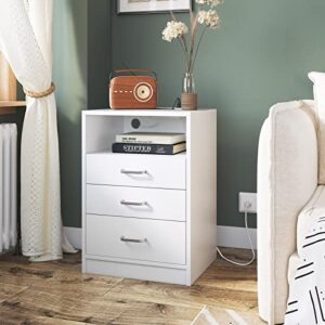 ADORNEVE Nightstand 3 Drawers with Open Storage,Side Tables Bedroom with Charging Station,Bedside Table with Drawers,White