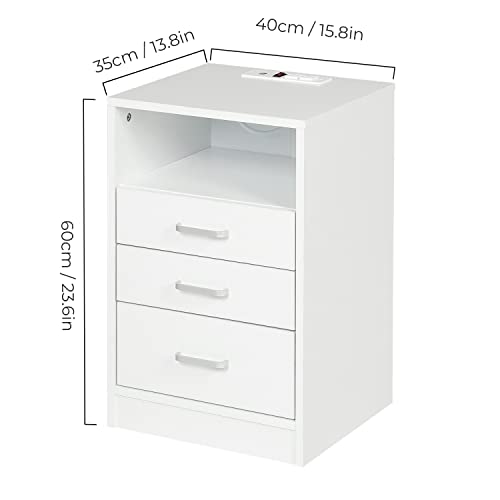 ADORNEVE Nightstand 3 Drawers with Open Storage,Side Tables Bedroom with Charging Station,Bedside Table with Drawers,White