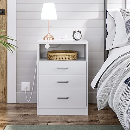 ADORNEVE Nightstand 3 Drawers with Open Storage,Side Tables Bedroom with Charging Station,Bedside Table with Drawers,White