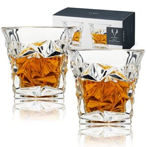 viski gem crystal whiskey tumblers set of 2, lead-free premium crystal clear glass, striking lowball cocktail glasses, scotch glass gift set, 10 oz