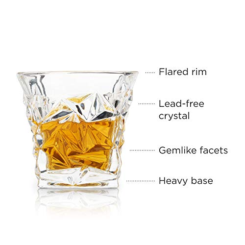 Viski Gem Crystal Whiskey Tumblers Set of 2, Lead-Free Premium Crystal Clear Glass, Striking Lowball Cocktail Glasses, Scotch Glass Gift Set, 10 oz