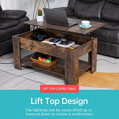 FDW Lift Top Coffee Table with Hidden Compartment and Storage Shelf Wooden Lift Tabletop for Home Living Room Reception Room Office (Brown)