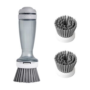cqt dish brush, dish scrub brush with soap dispenser for dishes kitchen sink pot pan scrubbing, 1 brush 2 refills