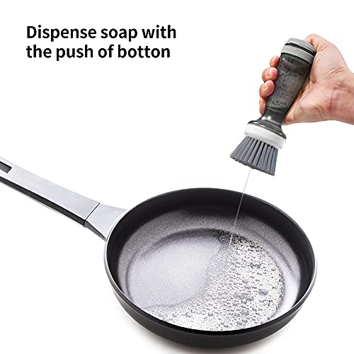 CQT Dish Brush, Dish Scrub Brush with Soap Dispenser for Dishes Kitchen Sink Pot Pan Scrubbing, 1 Brush 2 Refills