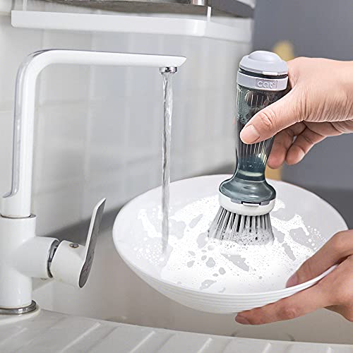 CQT Dish Brush, Dish Scrub Brush with Soap Dispenser for Dishes Kitchen Sink Pot Pan Scrubbing, 1 Brush 2 Refills