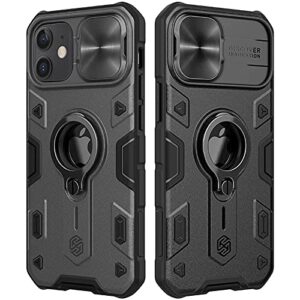 cloudvalley compatible with iphone 12, 12 pro case with camera cover & kickstand, slide lens protector + 360° rotate ring stand, black armor style, impact-resistant, shockproof, protective bumper