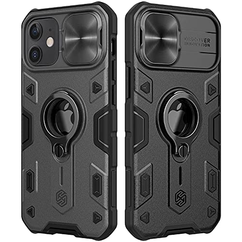 CloudValley Compatible with iPhone 12, 12 Pro Case with Camera Cover & Kickstand, Slide Lens Protector + 360° Rotate Ring Stand, Black Armor Style, Impact-Resistant, Shockproof, Protective Bumper