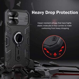 CloudValley Compatible with iPhone 12, 12 Pro Case with Camera Cover & Kickstand, Slide Lens Protector + 360° Rotate Ring Stand, Black Armor Style, Impact-Resistant, Shockproof, Protective Bumper