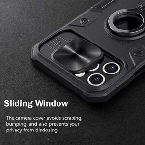 CloudValley Compatible with iPhone 12, 12 Pro Case with Camera Cover & Kickstand, Slide Lens Protector + 360° Rotate Ring Stand, Black Armor Style, Impact-Resistant, Shockproof, Protective Bumper