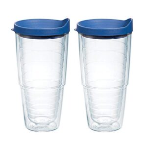 tervis plastic made in usa double walled clear & colorful lidded insulated tumbler cup keeps drinks cold & hot, 24oz 2pk, blue lid