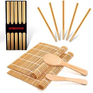 9pcs premium sushi making kit, thicken bamboo sushi mat, including 2 sushi roller, 5 pairs of reusable chopsticks, 1 paddle, 1 spreader, sushi maker kit set ideal for beginners by gosgoone