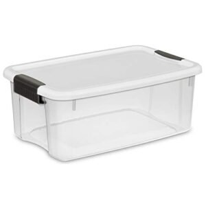 Sterilite 16796A04 Storage Tote, 30 gallon, Cement Lid and Base (Pack of 4) & 19849806 18 Quart/17 Liter Ultra Latch Box, Clear with a White Lid and Black Latches, 6-Pack