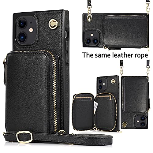 DEFBSC Crossbody Zipper Wallet iPhone 12 Mini Case, Square Wallet Case with Crossbody Chain Credit Card Holder Slot Shoulder Handbag Purse Wrist Strap Case for iPhone 12 Mini 5.4 Inch(Black)