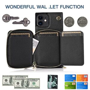 DEFBSC Crossbody Zipper Wallet iPhone 12 Mini Case, Square Wallet Case with Crossbody Chain Credit Card Holder Slot Shoulder Handbag Purse Wrist Strap Case for iPhone 12 Mini 5.4 Inch(Black)