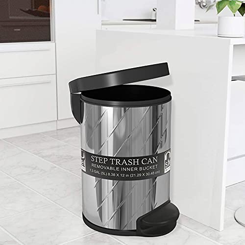 nu steel 5 Liter Round Small Metal Step Trash Can Wastebasket, Garbage Container Bin - for Bathroom, Powder Room, Bedroom, Kitchen, Office - Removable Liner Bucket - 8" x 8" x 12" – Shiny Steel