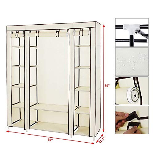 Portable Closet Clothing Wardrobe 5-Layer Nonwoven Wardrobe Double Bar Storage