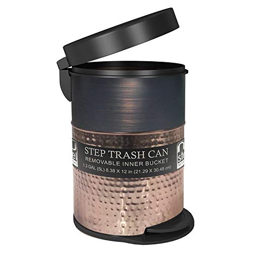 nu steel Hammered Copper & Brushed Bronze Round Stainless Steel Step Garbage Trash Can with Lid: 5 liter/1.32 gal for the Kitchen, Bathroom, Bedroom, Patio, RV