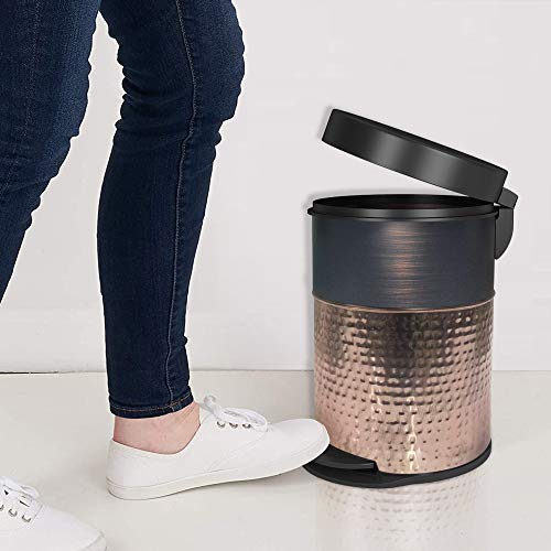 nu steel Hammered Copper & Brushed Bronze Round Stainless Steel Step Garbage Trash Can with Lid: 5 liter/1.32 gal for the Kitchen, Bathroom, Bedroom, Patio, RV