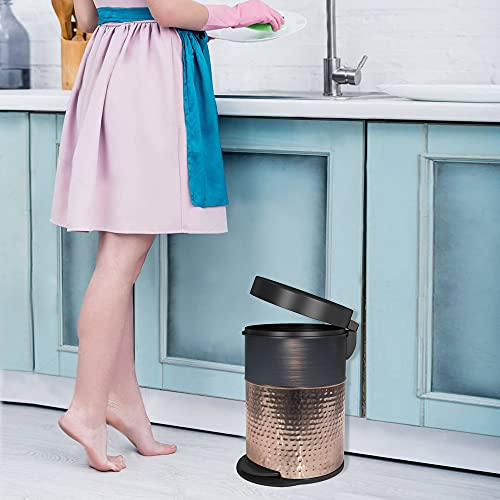 nu steel Hammered Copper & Brushed Bronze Round Stainless Steel Step Garbage Trash Can with Lid: 5 liter/1.32 gal for the Kitchen, Bathroom, Bedroom, Patio, RV