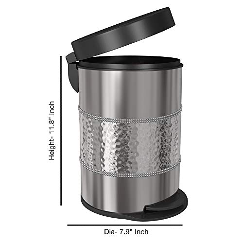 nu steel 5 Liter Round Small Metal Step Trash Can Wastebasket, Garbage Container Bin - for Bathroom, Powder Room, Bedroom, Kitchen, Office - Removable Liner Bucket - 8" X 8" X 12" – Shiny Steel