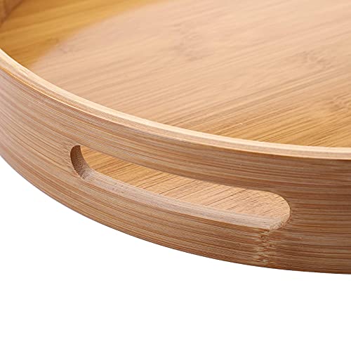 Jucoan 14 Inch Large Round Serving Tray with Handle, Bamboo Wood Circle Tray, Decorative Food Tray for Ottoman, Coffee Table, Breakfast, Drinks