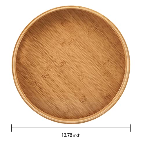 Jucoan 14 Inch Large Round Serving Tray with Handle, Bamboo Wood Circle Tray, Decorative Food Tray for Ottoman, Coffee Table, Breakfast, Drinks